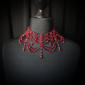 Victorian Bridal Blood Choker, Multi Strand Dark Red Crystal Necklace, Moulin Rouge Necklace, Burgundy Wide Choker, Halloween Necklace