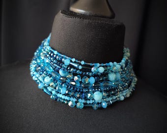 Blue Beaded Choker Necklace – Multi Strand Glass Bead Statement Jewelry for Women Layered