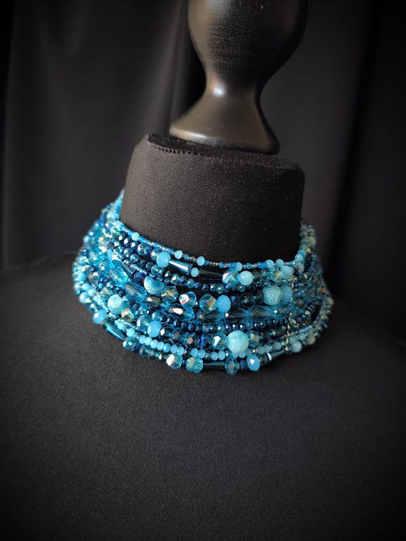 Blue Beaded Choker Necklace – Multi Strand Glass Bead Statement 