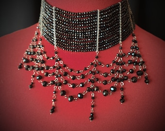 Black Strand Necklace, Handmade Beaded Necklace, Black Wide Choker, Gothic Necklace, Crystal Necklace, Bead weaving necklace