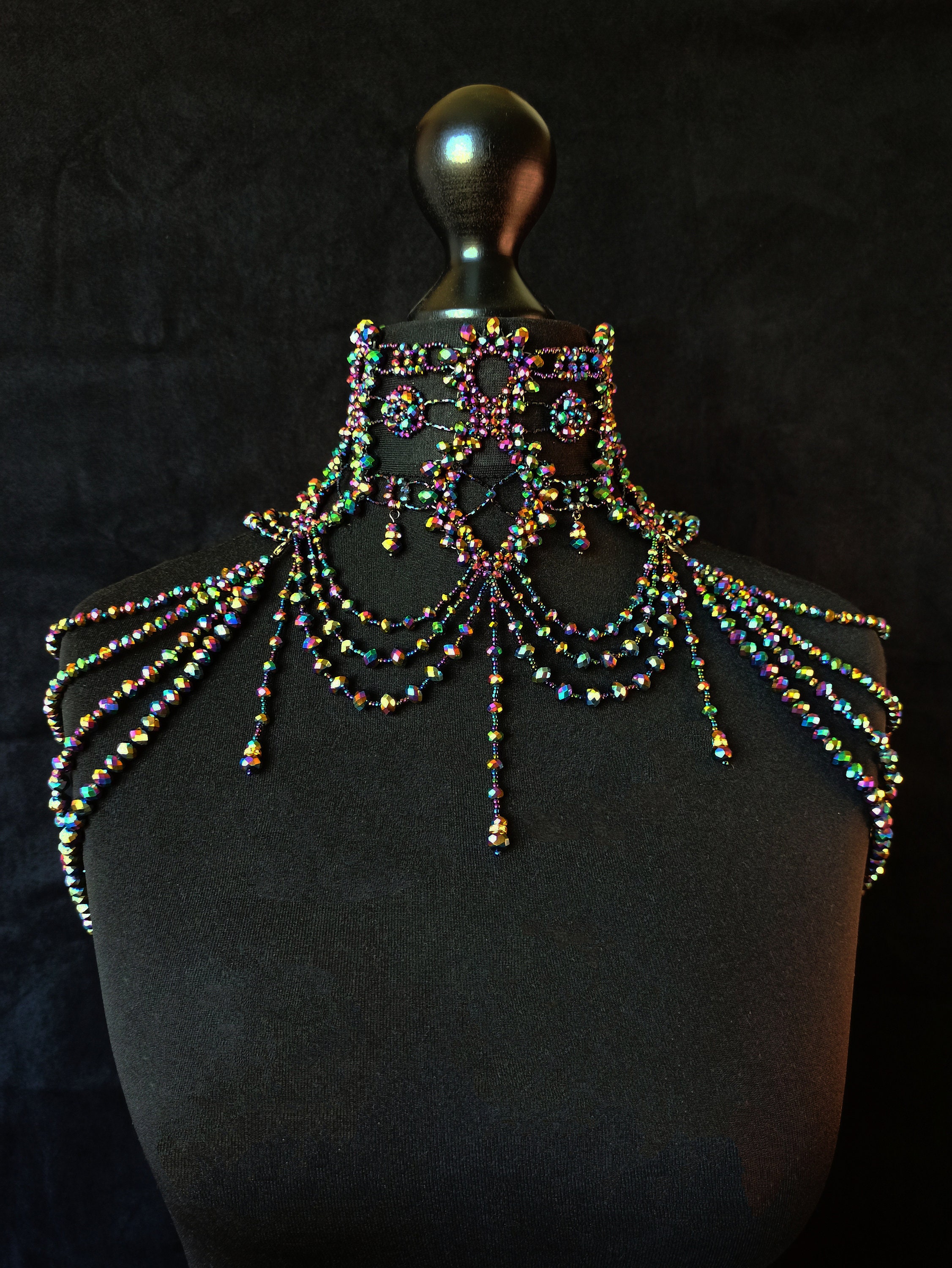 Iridescent Crystal Statement Choker, Shoulder Necklace, Wide