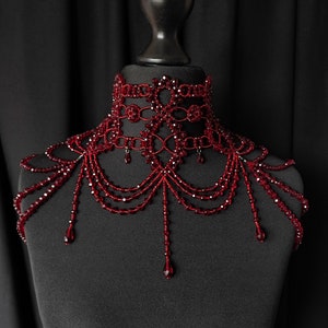 Dark Red shoulder necklace, Statement necklace red, Shoulder chain jewelry, Victorian Inspired Necklace, Crystal lace necklace body jewelry