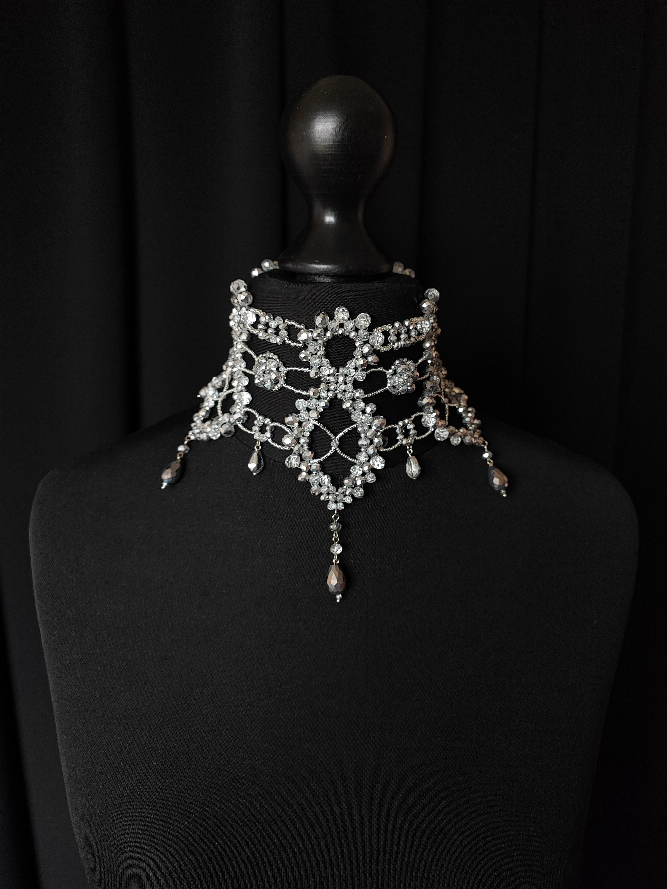 Silver Statement Choker, Pageant Necklace, Silver Lace Choker, Luxury Choker, Vintage Diamond Choker, Party Choker, Bridal Choker