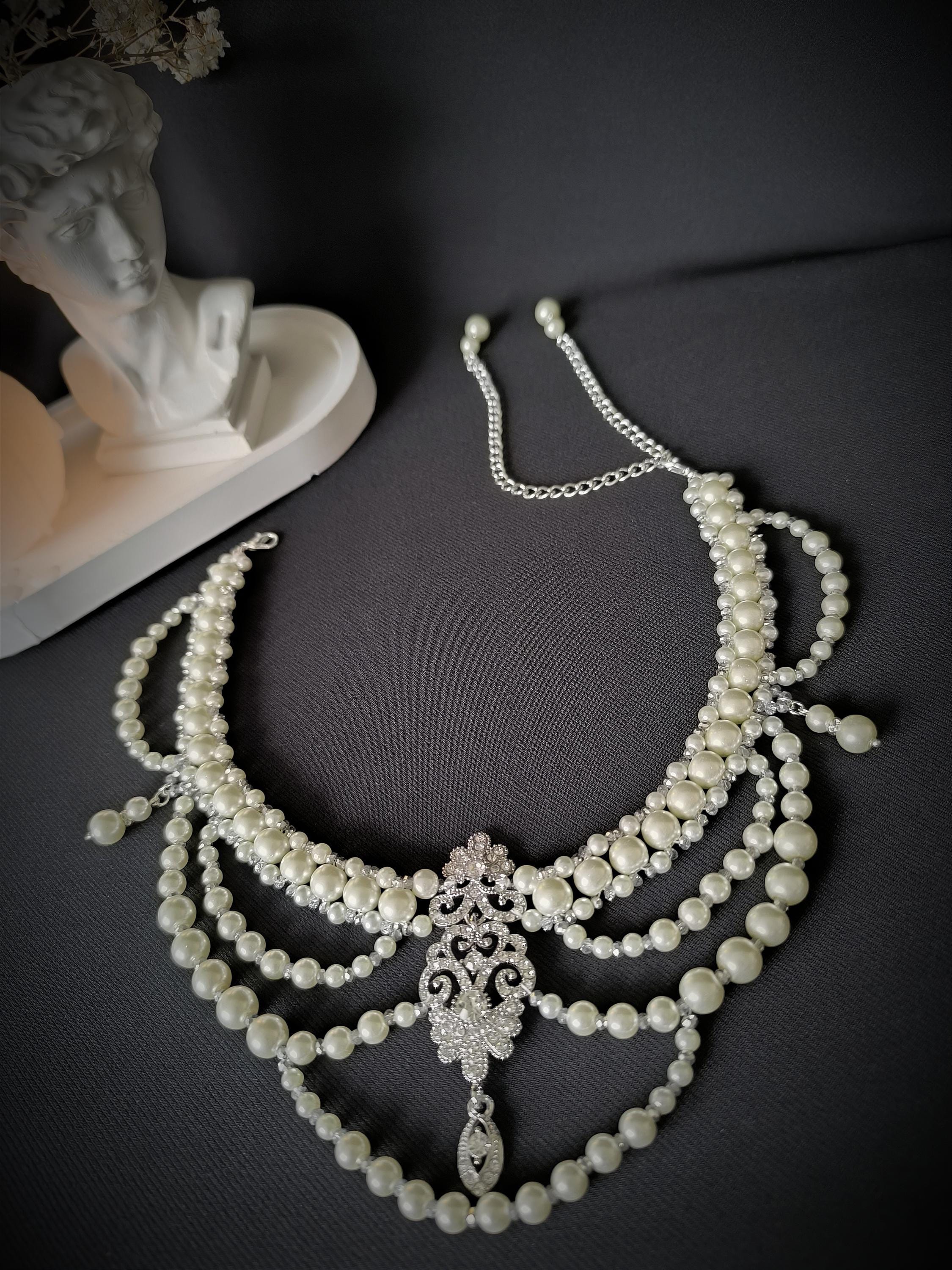 Collana Choker Vittoriana In Pizzo E Perline Bianche - Perfetta Per Sposa O Matrimonio