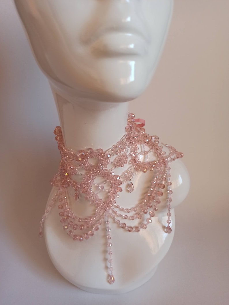 Pink Necklace Shoulder, Rose Gothic Statement Choker, Neck corset, Victorian Chocker for woman Lace Neck Corset Gothic Choker Beaded image 1