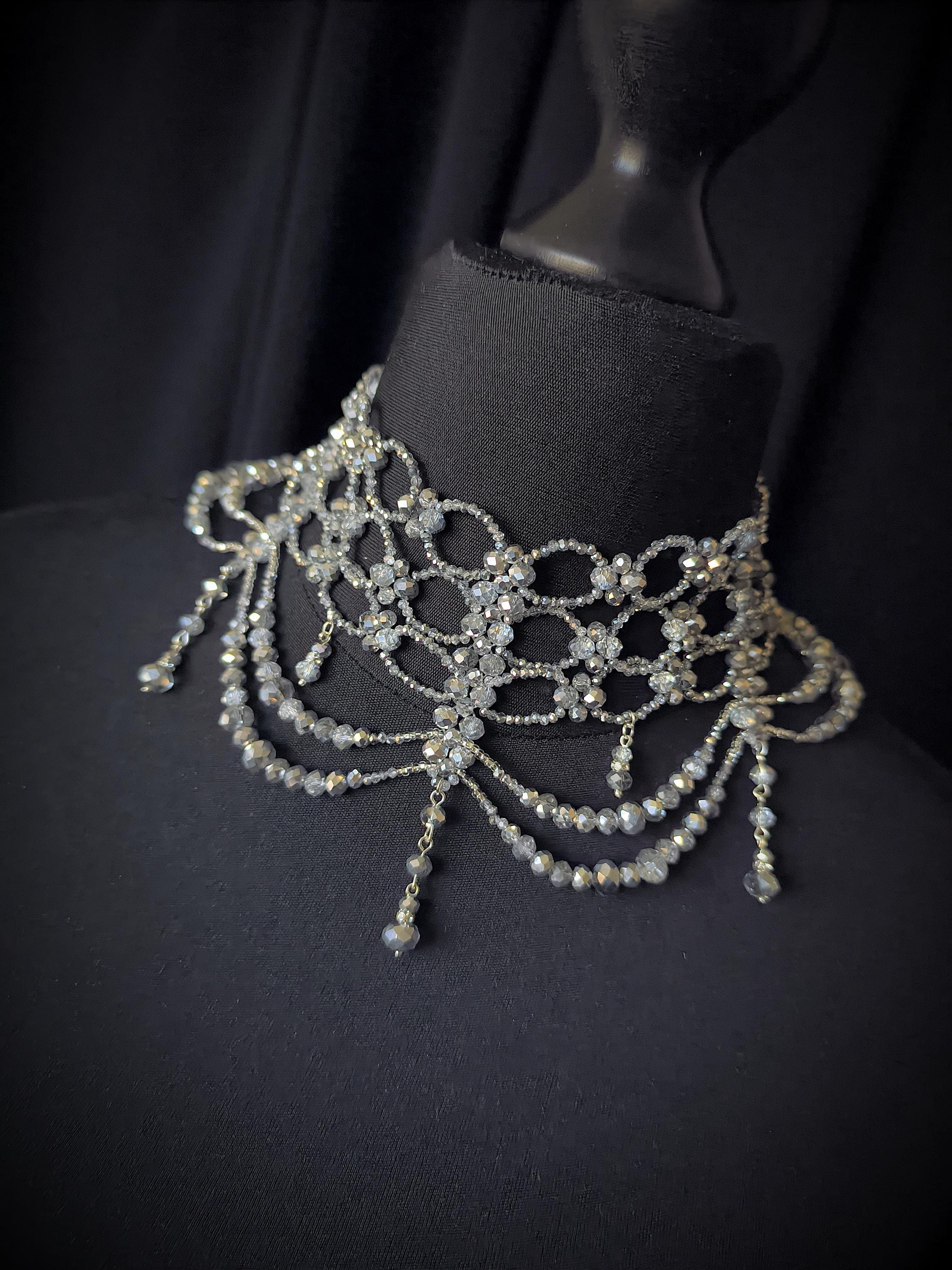 Multi Strand Crystal Silver Choker, Victorian Wedding Necklace