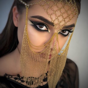 Metal chain mask Face chain Handmade mask Festival accessories for women Face beaded mask Bellydance jewelry Burning man headpiece
