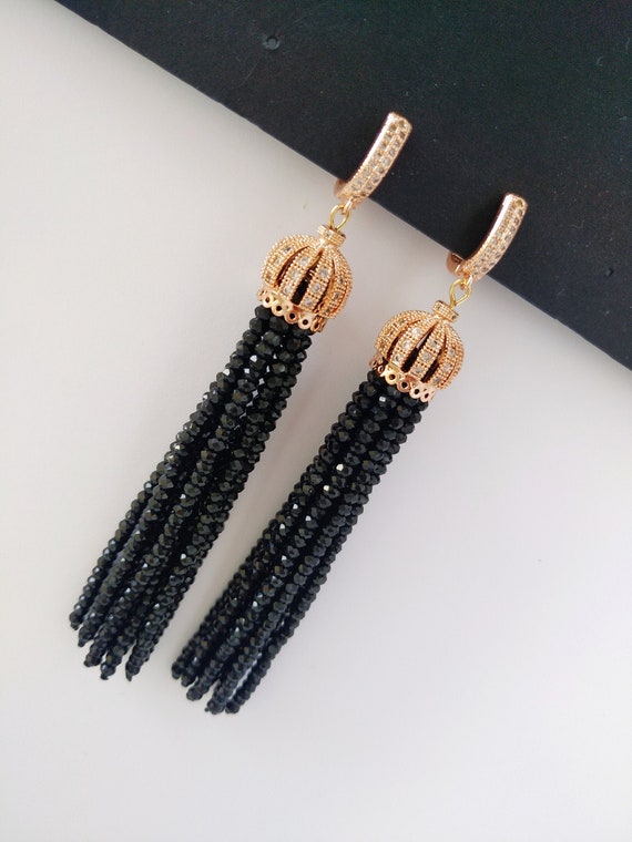 Black Crystal Tassel Earrings Beaded Tassle Earrings Luxury | Etsy