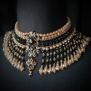 Black Gold Strand Necklace, Wide Choker Necklace, Crystal Necklace, Necklace, Gothic Necklace, Crystal Necklace, Bead weaving necklace