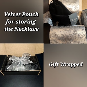 May include: A black velvet pouch for storing a necklace, a gift box with a bow, and a card that says "Thank you". The words "Velvet Pouch for storing the Necklace" and "Gift Wrapped" are also visible.