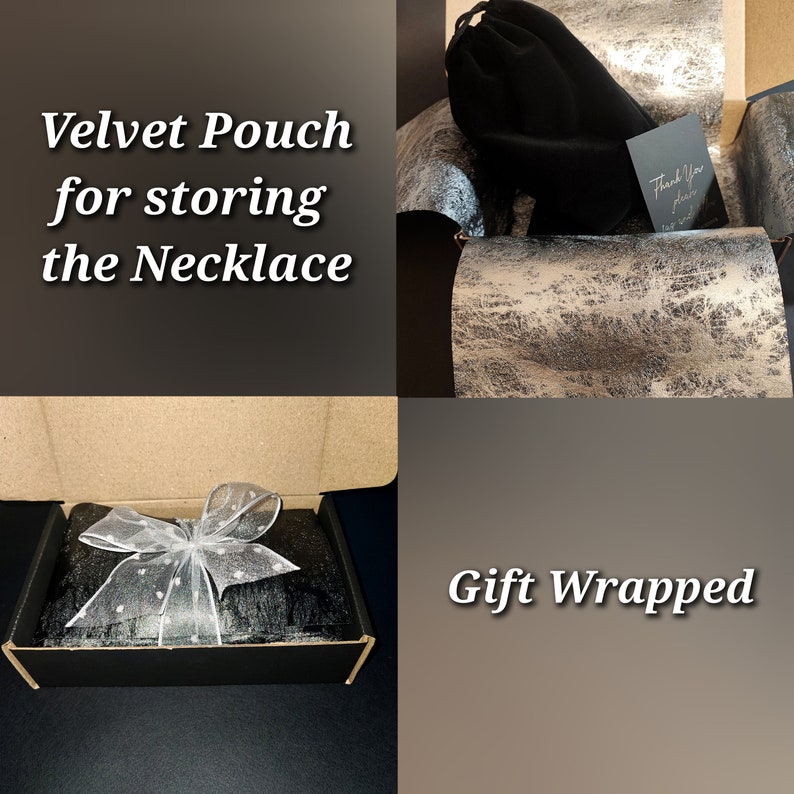 May include: A black velvet pouch for storing a necklace, a gift box with a bow, and a card that says "Thank you". The words "Velvet Pouch for storing the Necklace" and "Gift Wrapped" are also visible.