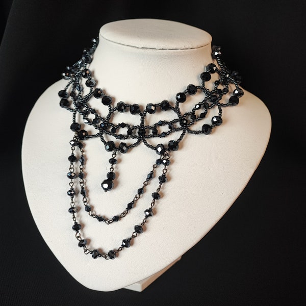 Festoon crystal Necklace, Handmade Beaded Necklace, Elegant Necklace, Hematite color Necklace, Glass Necklace, Bead weaving necklace