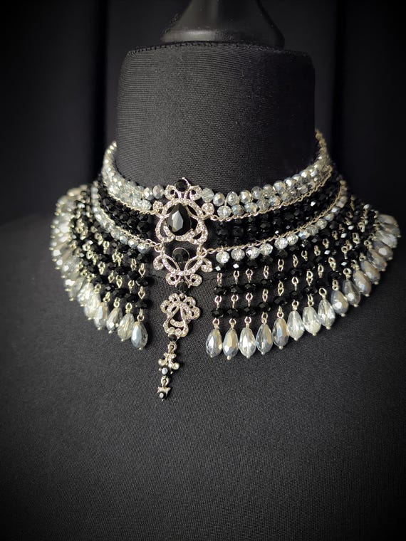Black Silver Crystal Choker Necklace: Wide Gothic Bead Weaving