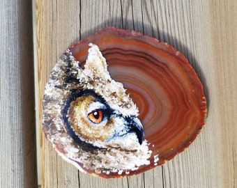 Horned owl ornament, Rustic wall decor, Bird wall art, Owl decor, Primitive decoration, Hand painted rock, Garden gift, Animal painting