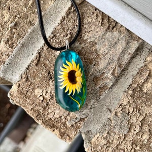 Sunflower necklace, Floral accessory, Sea glass jewelry, Hand painted pendant, Garden gift, Cottagecore fashion, Nature lover gift image 5