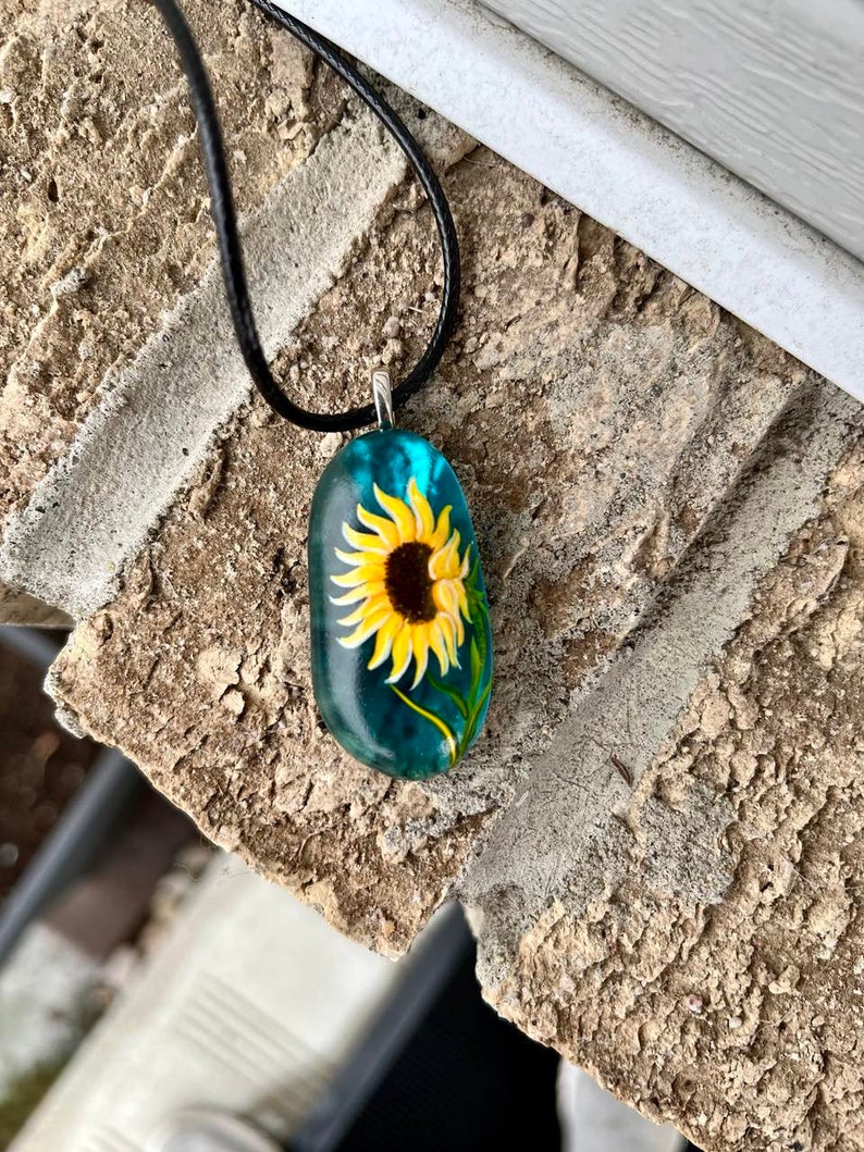 Sunflower necklace, Floral accessory, Sea glass jewelry, Hand painted pendant, Garden gift, Cottagecore fashion, Nature lover gift image 5