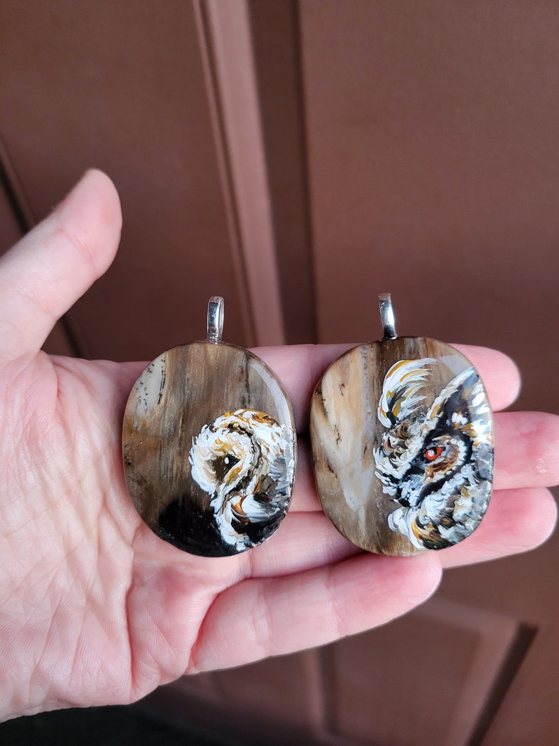 Owl necklace, Owl gift, Hand painted rock, Earth tone, Spirit animal, Rustic boho jewelry, Petrified wood, Nature necklace image 7