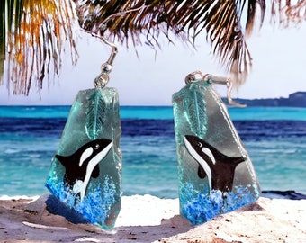 Orca earrings, Sea glass earrings, Ocean animal, Beach accessory, Tropical jewelry, Surfing gift, Wearable art, Hand painted glass