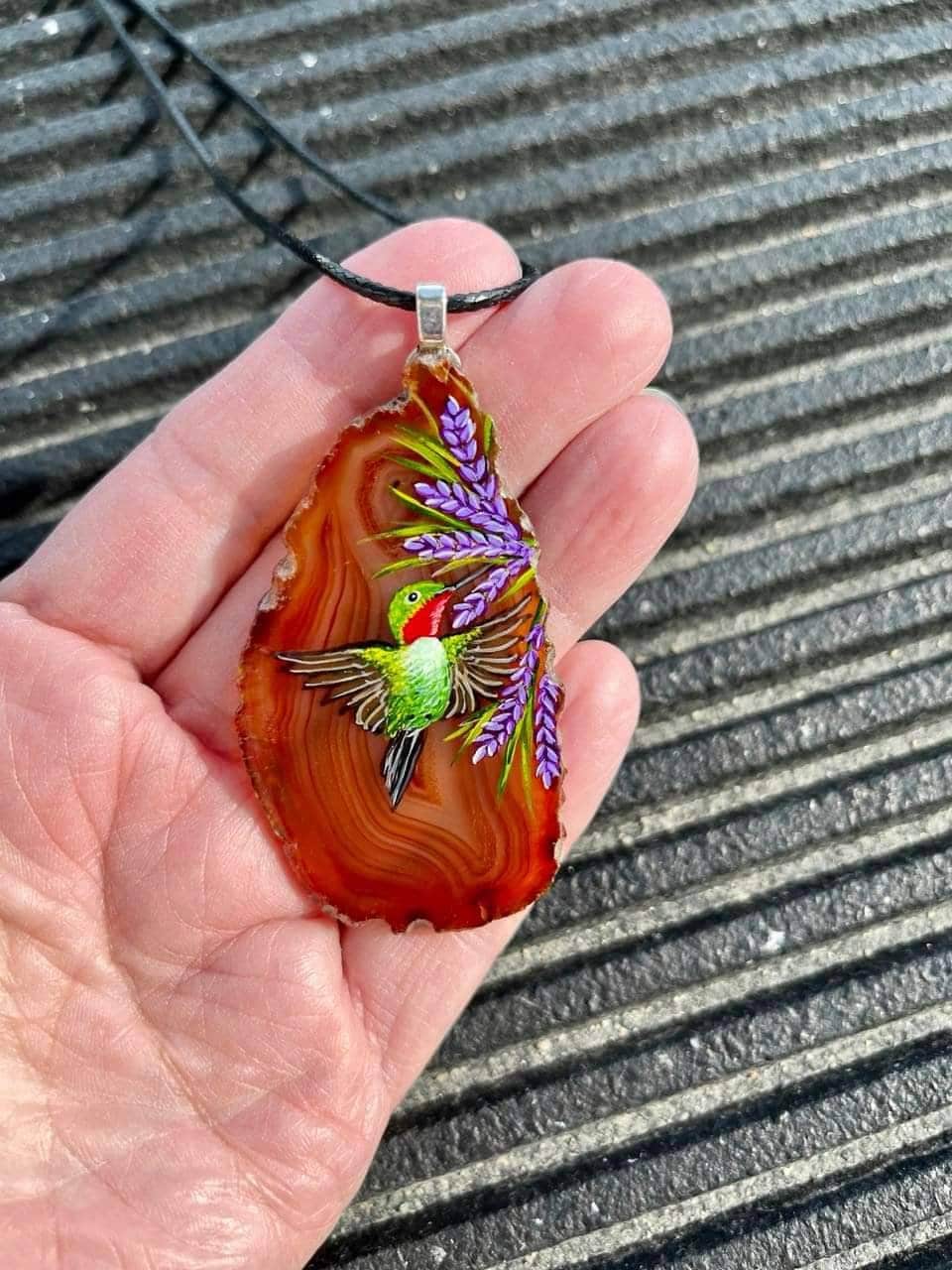 Hummingbird pendant Nature necklace Gardener gift Bird jewelry Hippie accessory Agate slice necklace Hand painted stone