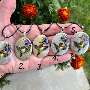 Hummingbird necklace, Painted pebble rock, Nature stone jewelry, Summer accessory, Colorful wildflower, Bird pendant, Garden lover gift image 2