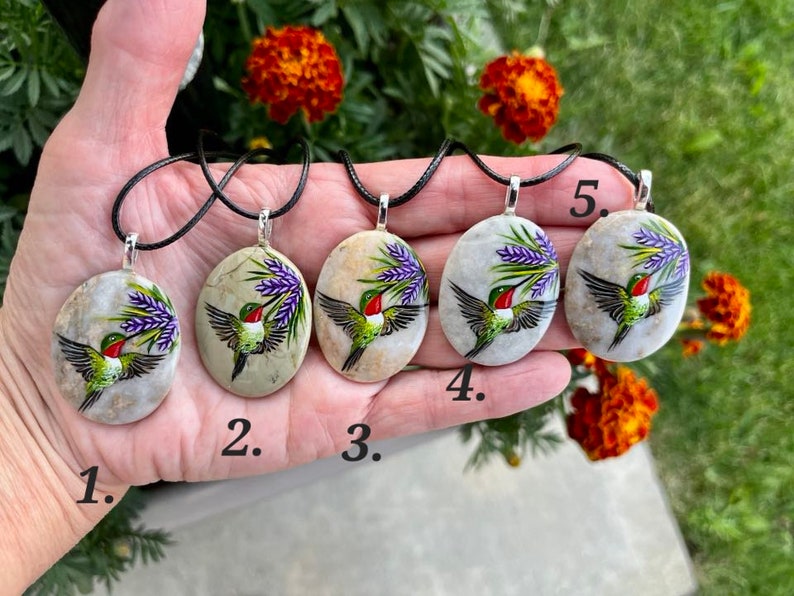 Hummingbird necklace, Painted pebble rock, Nature stone jewelry, Summer accessory, Colorful wildflower, Bird pendant, Garden lover gift image 2