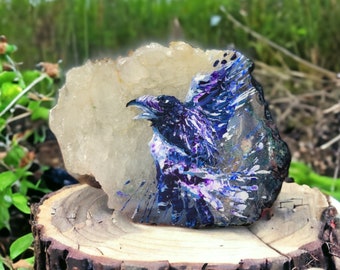 Raven painting, Amethyst crystal, Hand painted stone, Geode rock cluster, Witchcraft altar, Witchy gift, Pagan home decor, Pastel goth