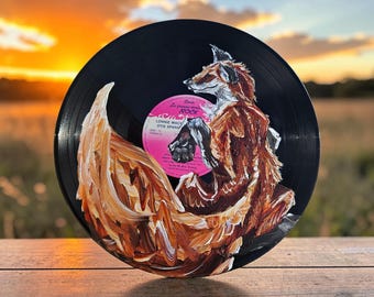 Fox Painting on Vinyl Record: Upcycled Woodland Art