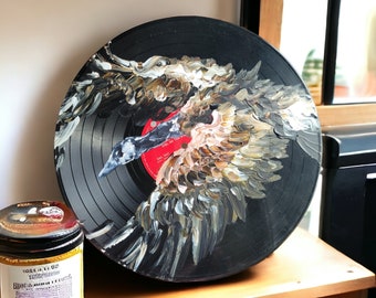 Canada goose, Painted vinyl record, Upcycled home decor, Canadian wildlife, Recycled artwork, Eclectic maximalism