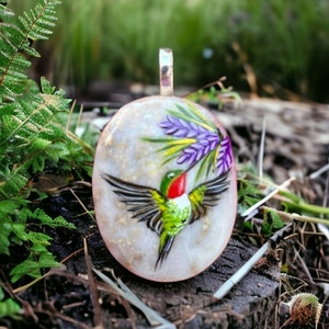 Hummingbird necklace, Painted pebble rock, Nature stone jewelry, Summer accessory, Colorful wildflower, Bird pendant, Garden lover gift image 1
