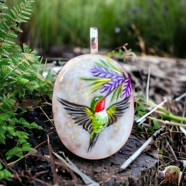 Hummingbird necklace, Painted pebble rock, Nature stone jewelry, Summer accessory, Colorful wildflower, Bird pendant, Garden lover gift