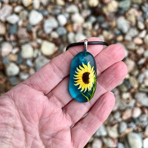 Sunflower necklace, Floral accessory, Sea glass jewelry, Hand painted pendant, Garden gift, Cottagecore fashion, Nature lover gift image 9