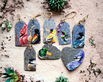 Bird ornaments, Garden decor, Hand painted metal, Holiday home decor, Christmas decorations, Rustic wall hanging, Animal paintings