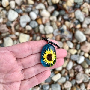 Sunflower necklace, Floral accessory, Sea glass jewelry, Hand painted pendant, Garden gift, Cottagecore fashion, Nature lover gift image 10