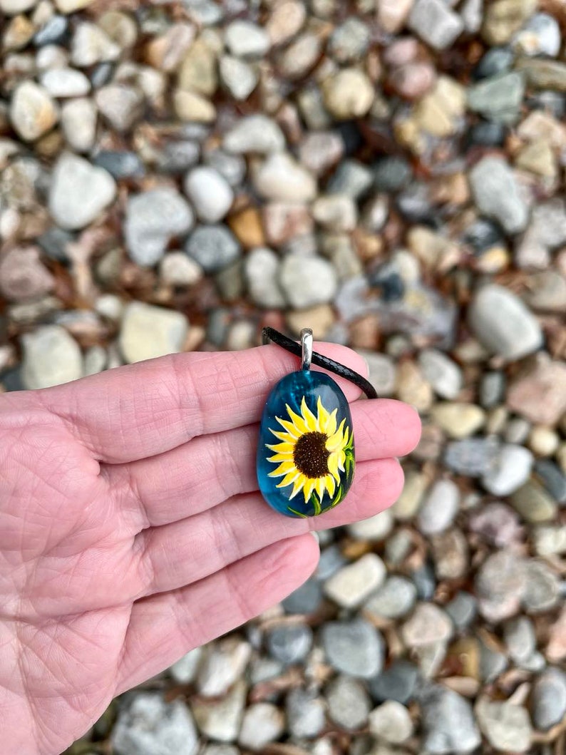 Sunflower necklace, Floral accessory, Sea glass jewelry, Hand painted pendant, Garden gift, Cottagecore fashion, Nature lover gift image 10