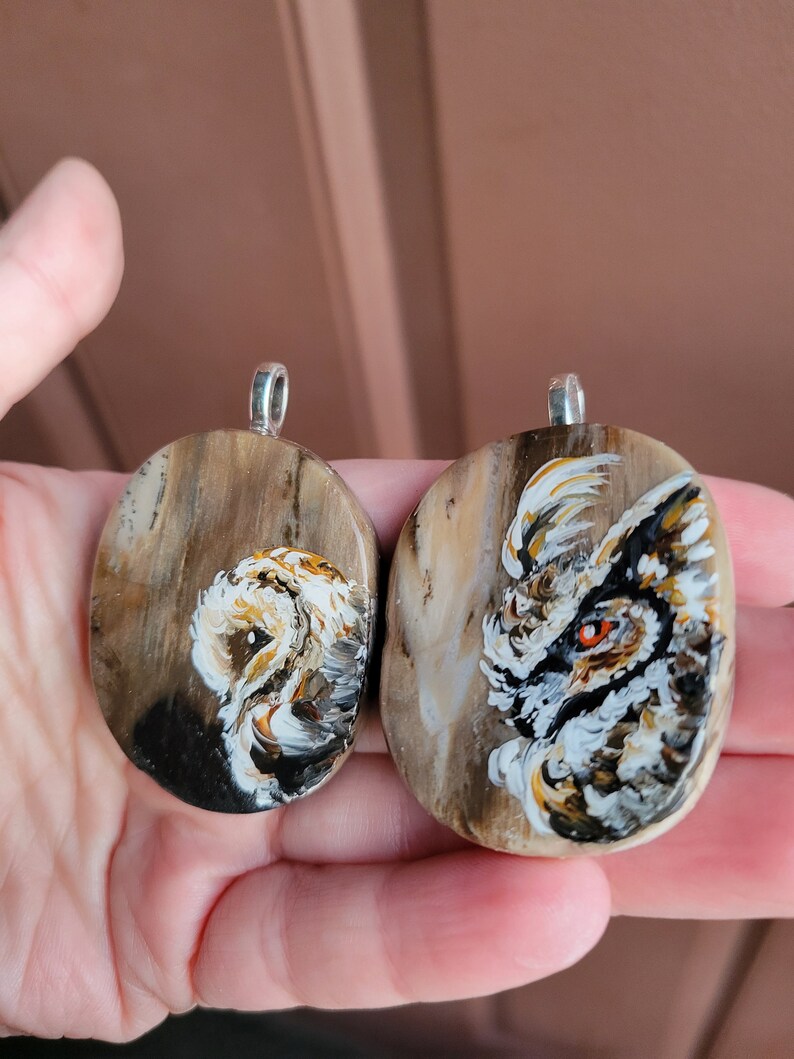 Owl necklace, Owl gift, Hand painted rock, Earth tone, Spirit animal, Rustic boho jewelry, Petrified wood, Nature necklace image 8