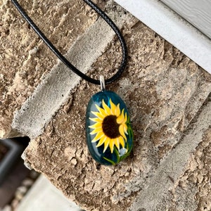 Sunflower necklace, Floral accessory, Sea glass jewelry, Hand painted pendant, Garden gift, Cottagecore fashion, Nature lover gift image 7