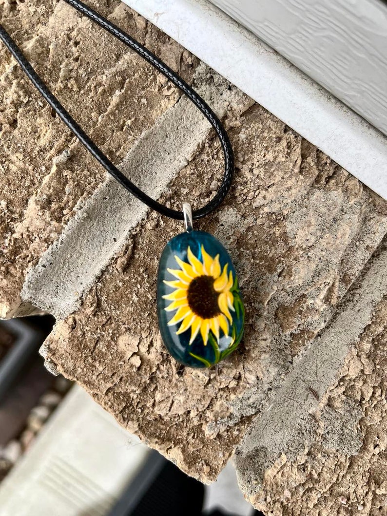 Sunflower necklace, Floral accessory, Sea glass jewelry, Hand painted pendant, Garden gift, Cottagecore fashion, Nature lover gift image 7