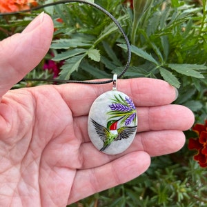 Hummingbird necklace, Painted pebble rock, Nature stone jewelry, Summer accessory, Colorful wildflower, Bird pendant, Garden lover gift image 4