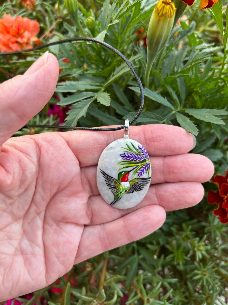 Hummingbird necklace, Painted pebble rock, Nature stone jewelry, Summer accessory, Colorful wildflower, Bird pendant, Garden lover gift image 4