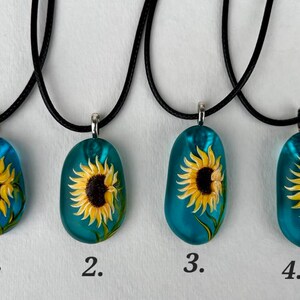 Sunflower necklace, Floral accessory, Sea glass jewelry, Hand painted pendant, Garden gift, Cottagecore fashion, Nature lover gift image 2