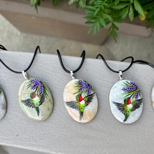 Hummingbird necklace, Painted pebble rock, Nature stone jewelry, Summer accessory, Colorful wildflower, Bird pendant, Garden lover gift image 8