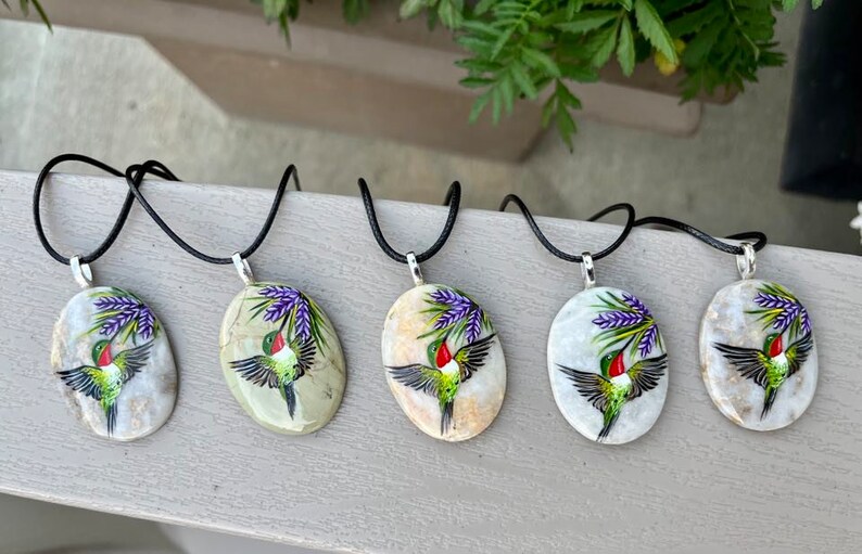Hummingbird necklace, Painted pebble rock, Nature stone jewelry, Summer accessory, Colorful wildflower, Bird pendant, Garden lover gift image 8