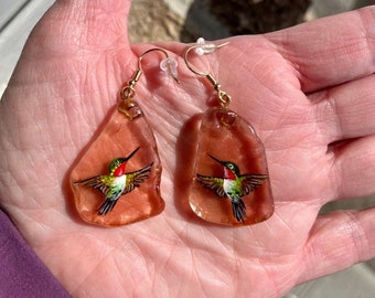 Hummingbird earrings, Sea glass jewelry, Nature accessory, Earthy earrings, Gardening gift, Cottagecore, Bohemian jewelry, Country farmhouse