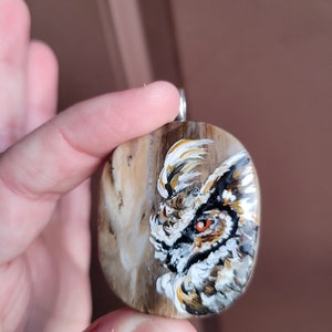 Owl necklace, Owl gift, Hand painted rock, Earth tone, Spirit animal, Rustic boho jewelry, Petrified wood, Nature necklace image 3