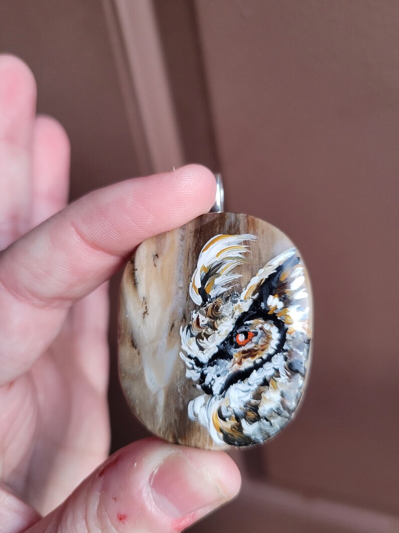 Owl necklace, Owl gift, Hand painted rock, Earth tone, Spirit animal, Rustic boho jewelry, Petrified wood, Nature necklace image 3