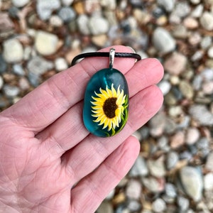 Sunflower necklace, Floral accessory, Sea glass jewelry, Hand painted pendant, Garden gift, Cottagecore fashion, Nature lover gift image 8