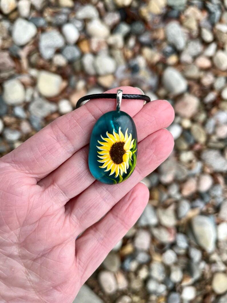 Sunflower necklace, Floral accessory, Sea glass jewelry, Hand painted pendant, Garden gift, Cottagecore fashion, Nature lover gift image 8