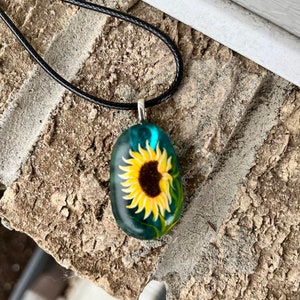 Sunflower necklace, Floral accessory, Sea glass jewelry, Hand painted pendant, Garden gift, Cottagecore fashion, Nature lover gift image 4