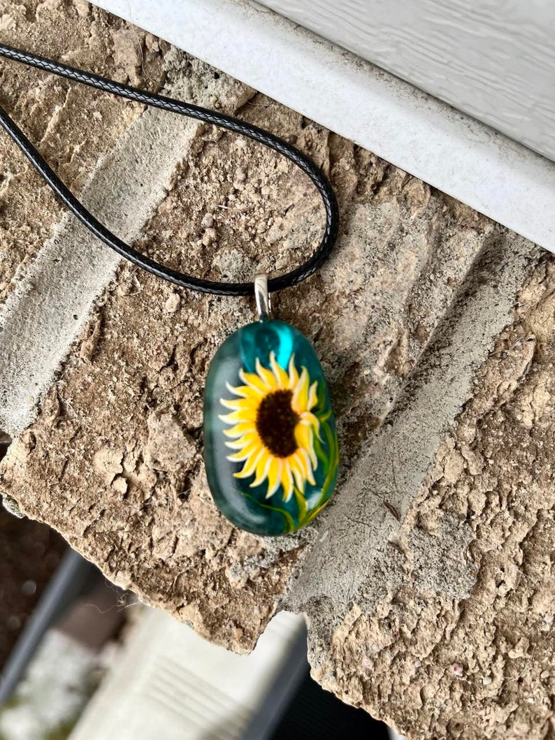 Sunflower necklace, Floral accessory, Sea glass jewelry, Hand painted pendant, Garden gift, Cottagecore fashion, Nature lover gift image 4