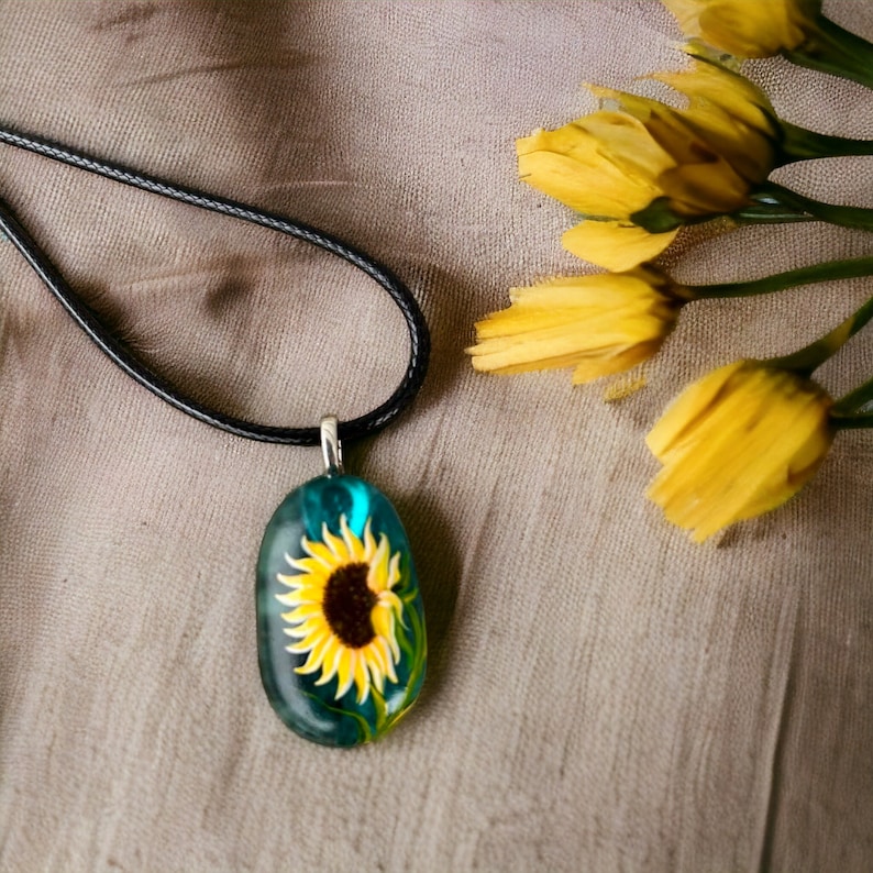 Sunflower necklace, Floral accessory, Sea glass jewelry, Hand painted pendant, Garden gift, Cottagecore fashion, Nature lover gift image 1